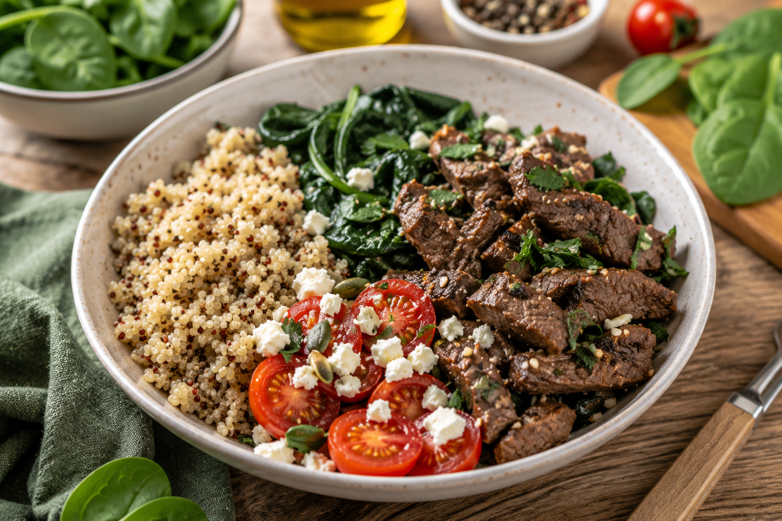 Marhahúsos quinoa tál spenóttal és sült céklával