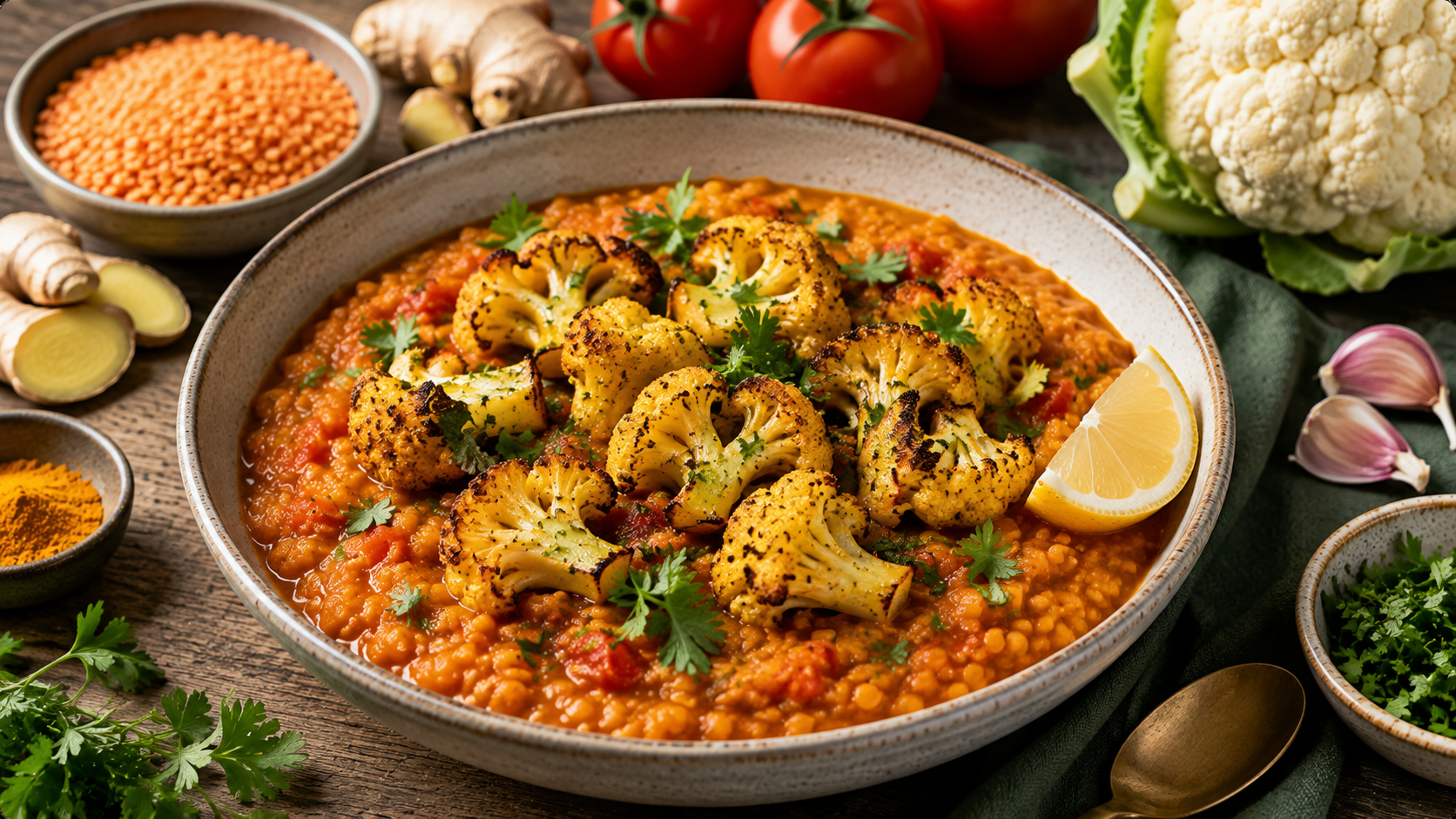 Fűszeres vöröslencse-dahl sült karfiollal