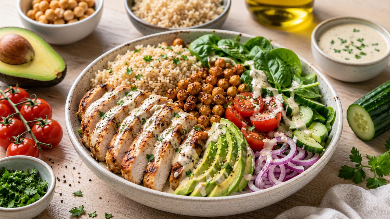 Mediterrán csirkés Buddha Bowl barna rizzsel és tahinis öntettel