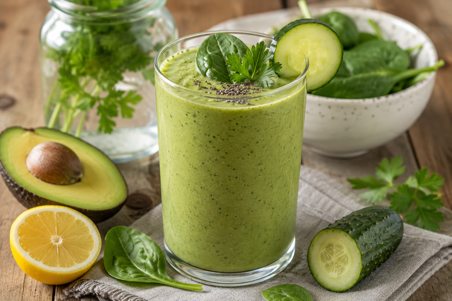 Avokádós zöld smoothie spenóttal, uborkával és citrommal